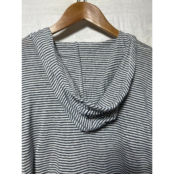 C&C California 100% Linen Shirt XL Blue White Striped Hooded Roll Tab Sleeves - Picture 7 of 10